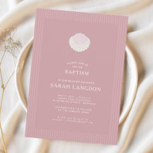 Coastal shell dusty pink striped baptism Invitatio