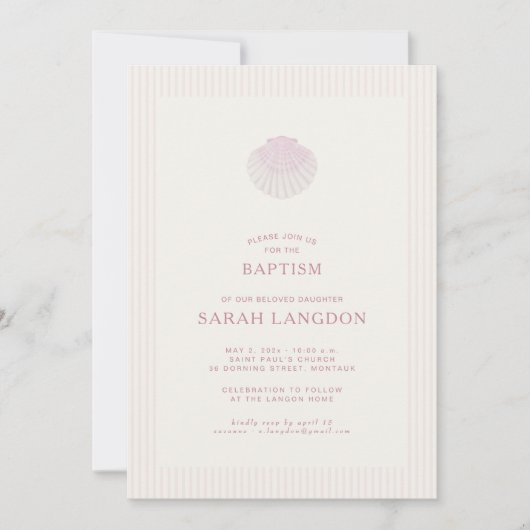 Coastal shell pink striped baptism Invitation 招待状 (正面)