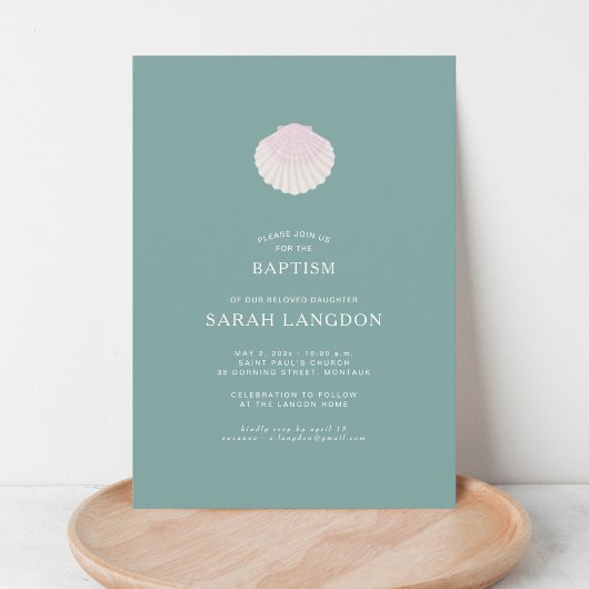 Coastal shell sage green pink baptism Invitation 招待状