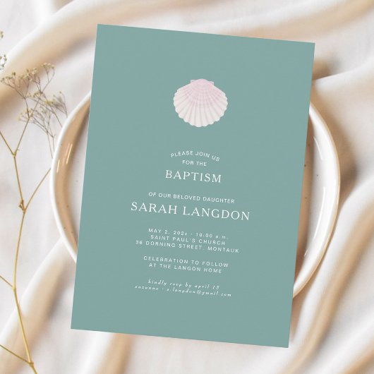 Coastal shell sage green pink baptism Invitation 招待状