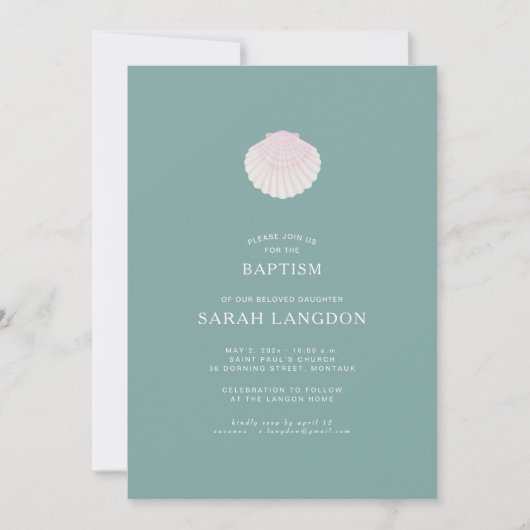 Coastal shell sage green pink baptism Invitation 招待状 (正面)