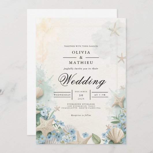 Coastal Starfish Beach Wedding 招待状 (正面/裏面)