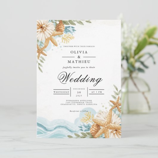 Coastal Starfish Floral Beach Wedding 招待状 (スタンド正面)