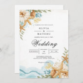 Coastal Starfish Floral Beach Wedding 招待状 (正面/裏面)