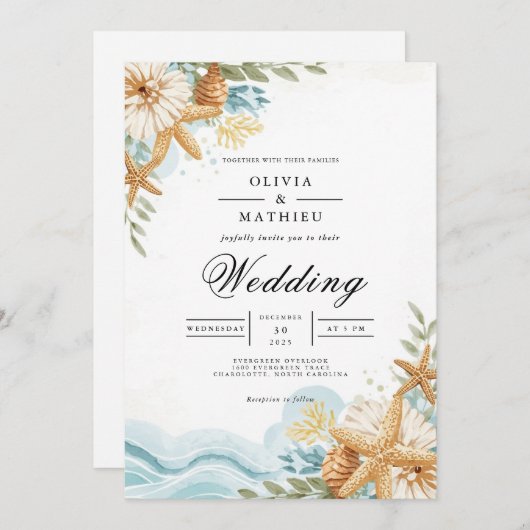 Coastal Starfish Floral Beach Wedding 招待状 (正面/裏面)