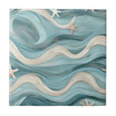 Coastal Starfish on Aqua Sand Waves Pattern (10) タイル (正面)