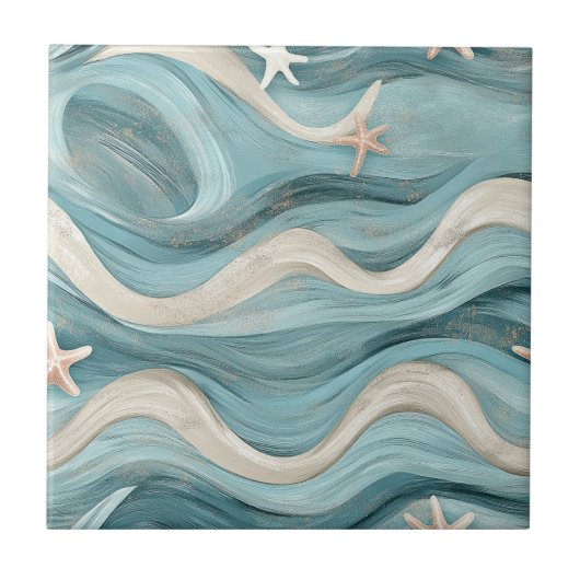 Coastal Starfish on Aqua Sand Waves Pattern (10) タイル (正面)