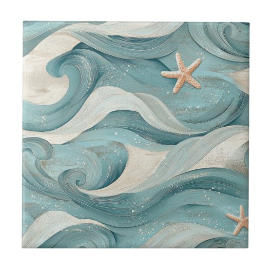 Coastal Starfish on Aqua Sand Waves Pattern (11) タイル (正面)