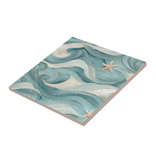 Coastal Starfish on Aqua Sand Waves Pattern (11) タイル (側面)