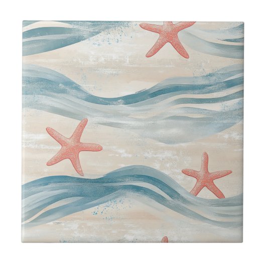 Coastal Starfish on Aqua Sand Waves Pattern (2) タイル (正面)