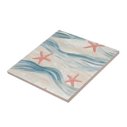 Coastal Starfish on Aqua Sand Waves Pattern (2) タイル (側面)