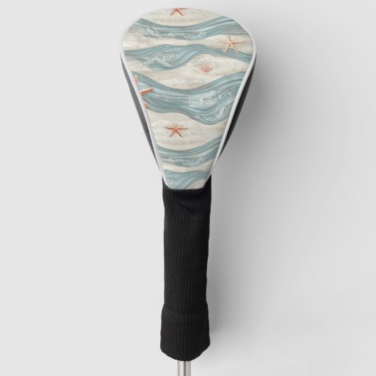Coastal Starfish on Aqua Sand Waves Pattern (7) ゴルフヘッドカバー (正面)