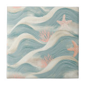 Coastal Starfish on Aqua Sand Waves Pattern (8) タイル (正面)