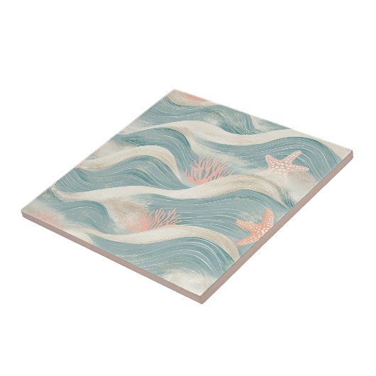 Coastal Starfish on Aqua Sand Waves Pattern (8) タイル (側面)
