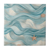 Coastal Starfish on Aqua Sand Waves Pattern (9) タイル (正面)