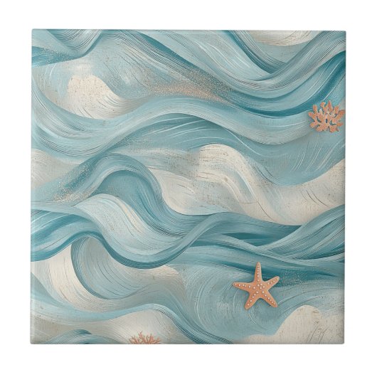 Coastal Starfish on Aqua Sand Waves Pattern (9) タイル (正面)