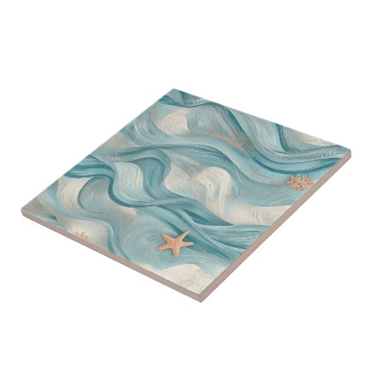 Coastal Starfish on Aqua Sand Waves Pattern (9) タイル (側面)