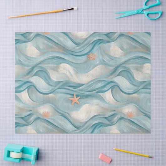Coastal Starfish on Aqua Sand Waves Pattern (9) 薄葉紙 (クラフト)