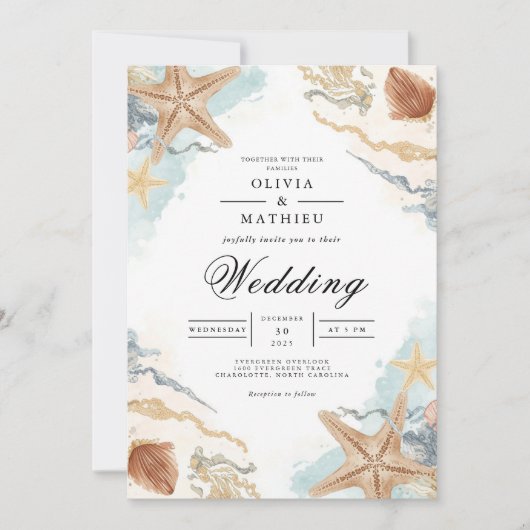 Coastal Starfish Watercolor Beach Wedding 招待状 (正面)