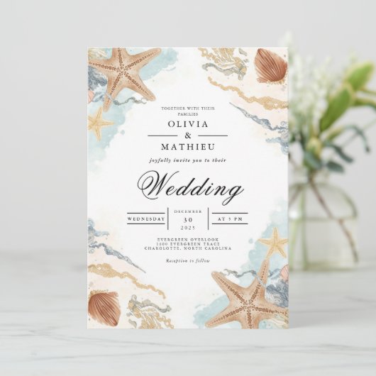 Coastal Starfish Watercolor Beach Wedding 招待状 (スタンド正面)