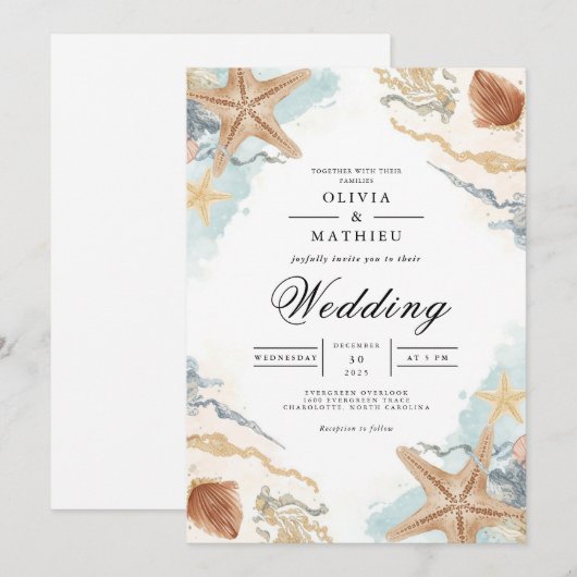 Coastal Starfish Watercolor Beach Wedding 招待状 (正面/裏面)