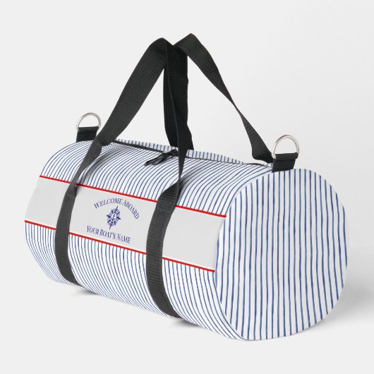 Coastal Stripe Monogram Boat Name Design ダッフルバッグ (左コーナー)