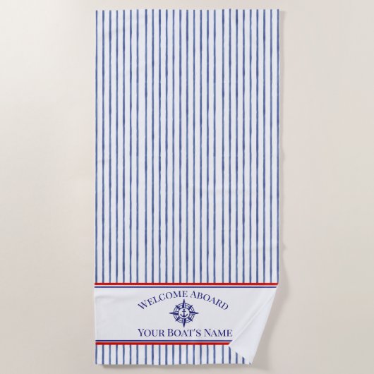 Coastal Stripe Monogram Boat Name Design ビーチタオル (正面)