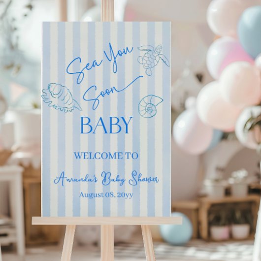 Coastal Stripes Boy Sea You Baby Shower Welcome ポスター
