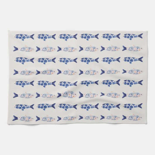Coastal Style Blue Fish Pattern Shower Curtain キッチンタオル (横)