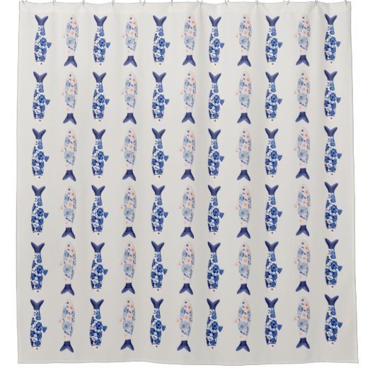 Coastal Style Blue Fish Pattern Shower Curtain シャワーカーテン (正面)