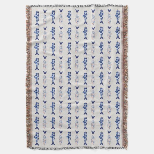 Coastal Style Blue Fish Pattern Shower Curtain スローブランケット (正面縦)