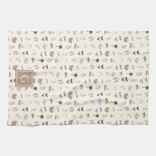 Coastal Summer Getaway Monogram キッチンタオル (横)