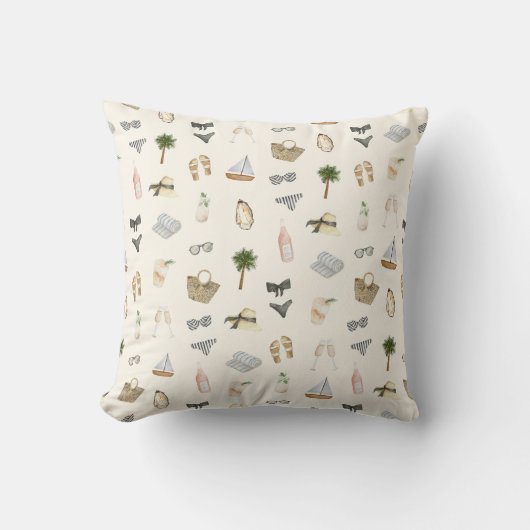 Coastal Summer Getaway Neutral Watercolor Pattern クッション (正面)