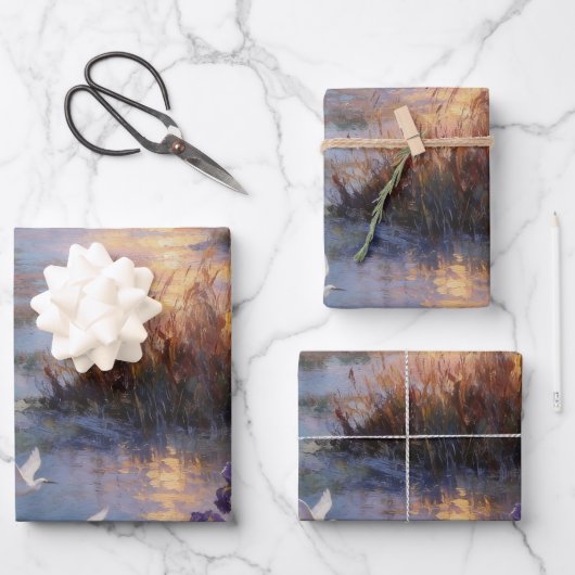 Coastal Sunset Iris & Egret Wrapping Paper ラッピングペーパーシート (正面)