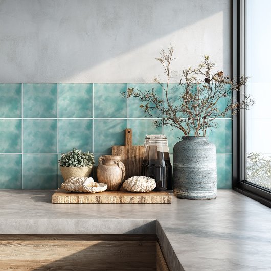 Coastal Teal Blue Watercolor Backsplash タイル