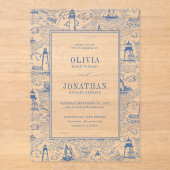 Coastal Toile Lighthouse Blue Wedding アクリル招待状 (正面)