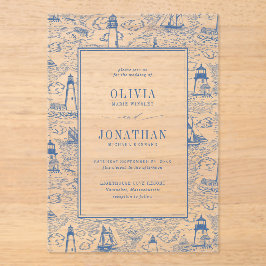 Coastal Toile Lighthouse Blue Wedding アクリル招待状