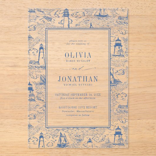 Coastal Toile Lighthouse Blue Wedding アクリル招待状 (正面)