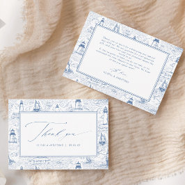Coastal Toile Lighthouse Blue Wedding サンキューカード