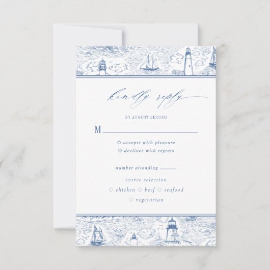 Coastal Toile Lighthouse Blue Wedding 出欠カード (正面)