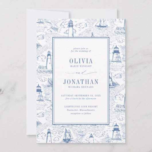 Coastal Toile Lighthouse Blue Wedding 招待状 (正面)
