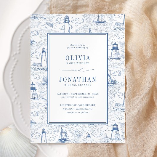 Coastal Toile Lighthouse Blue Wedding 招待状