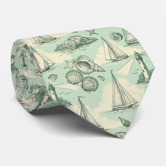 Coastal Toile with Lighthouses, Sailboats ネクタイ (ロール)