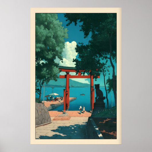 Coastal Torii Gate Print Hasui Kawase Style, Blue ポスター (正面)