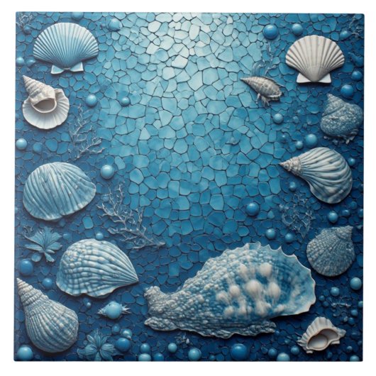 Coastal Underwater Seashell Fish Ocean Bubble Blue タイル (正面)
