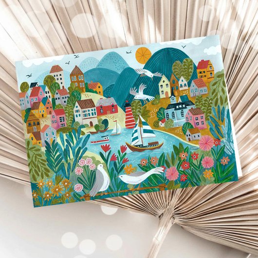 Coastal Village Harbor Scenic Illustration  カード