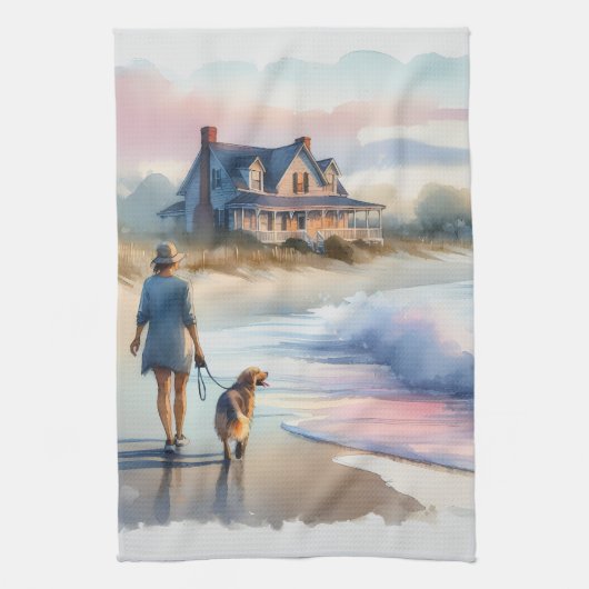 Coastal Walk to Lighthouse at Sunset キッチンタオル (縦)