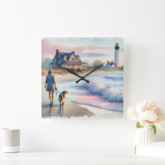 Coastal Walk to Lighthouse at Sunset スクエア壁時計 (ホーム)