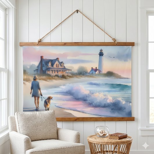 Coastal Walk to Lighthouse at Sunset 吊り下げ型タペストリー