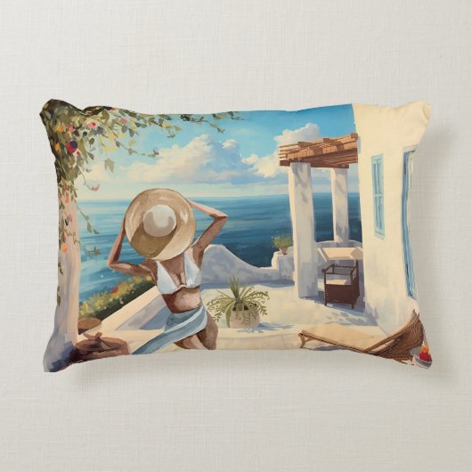 Coastal Wall Art | Mediterranean Woman Seaside  アクセントクッション (正面)